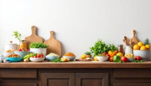 Een rustieke keukenaanrecht met verse maaltijden en ingrediënten.