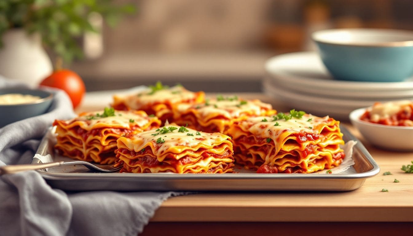 Een gezellige keuken met een dienblad vol individueel gepoortioneerde lasagnes.