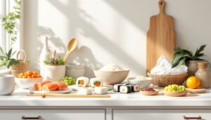 Een schone en georganiseerde keuken met ingrediënten voor het maken van onigiri.
