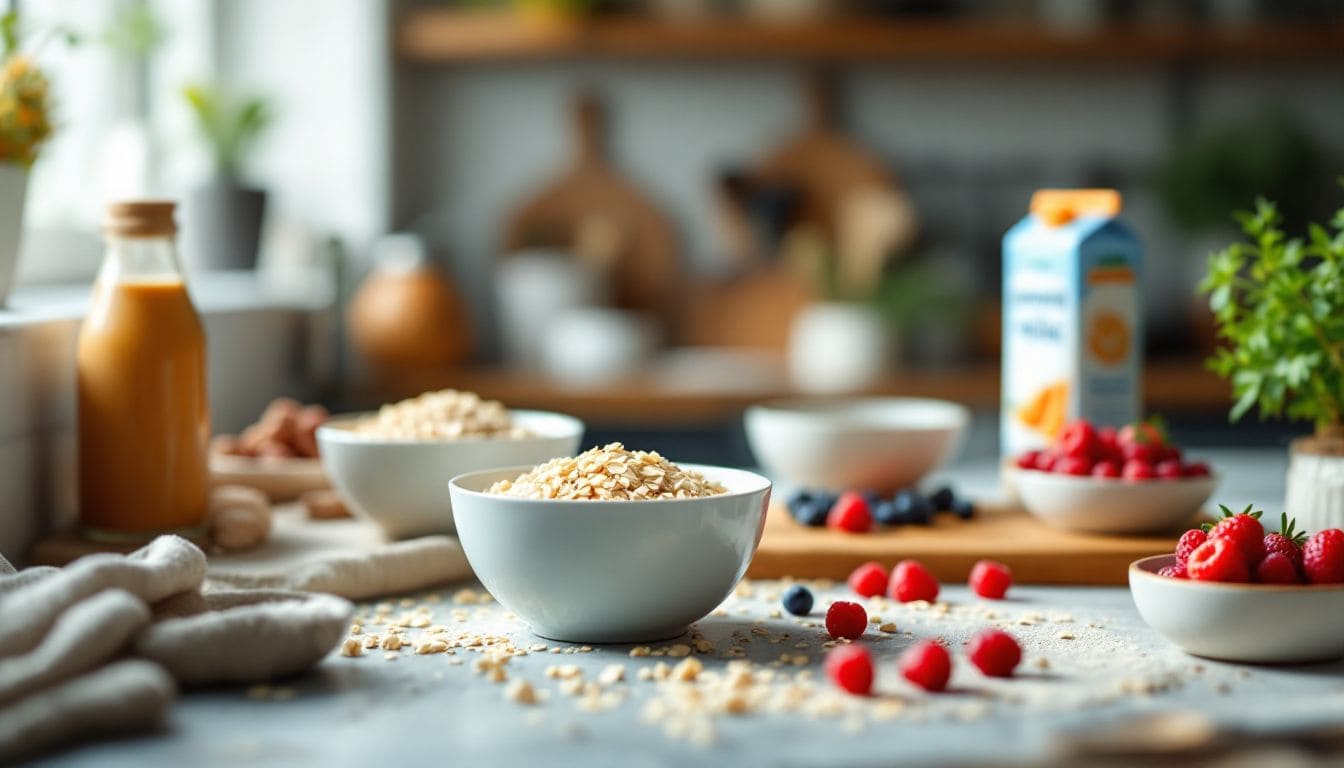 Een rommelige keukenaanrecht met ingrediënten voor havermout.