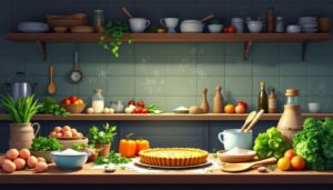 Een rustieke keuken gevuld met verse ingrediënten en bakgerei.