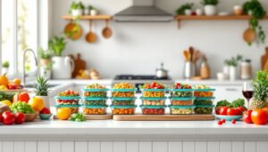 Opgeruimde keuken met kleurrijke maaltijdcontainers en verse producten.