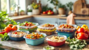 Een selectie van kleurrijke maaltijdcontainers met eiwitrijke gerechten op een houten tafel.