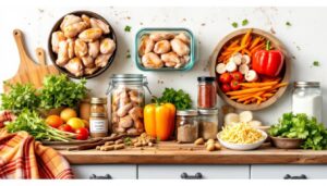 Een keukenaanrecht met ingrediënten voor vijf gezonde kiprecepten.