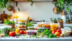 Een rommelig aanrecht met kleurrijke ingrediënten en kookgerei.