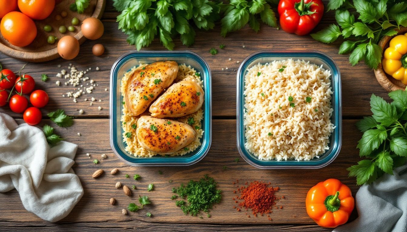 Een maaltijd voorbereidingsstation met kip, rijst, kruiden en groenten.