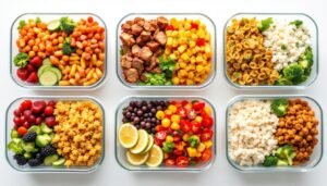 Een close-up van keurig geordende diepvriesmaaltijden op witte achtergrond.