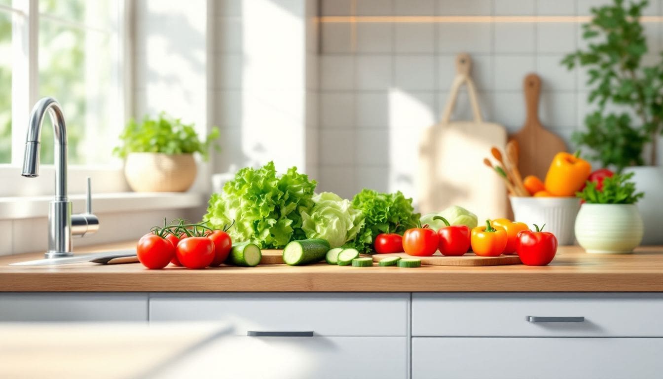 Een keukenwerkblad met verse groenten voor saladebereiding.