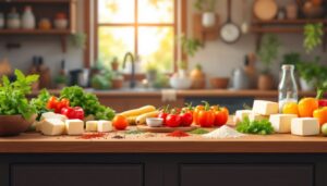 Een rustieke keuken met verse groenten en tofu op houten aanrecht.