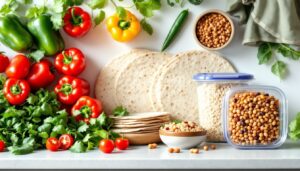 Een georganiseerd aanrecht met verse groenten en ingrediënten voor veganistische burrito's.