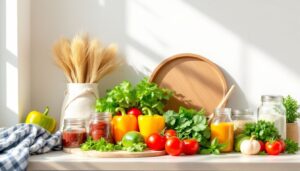 Een opgeruimde keuken met groenten, wraps en condimenten georganiseerd op het aanrecht.