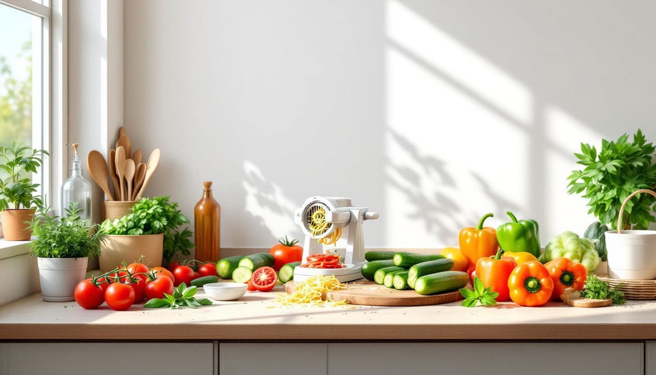 Een rommelig aanrecht met verse groenten en een spiralizer.