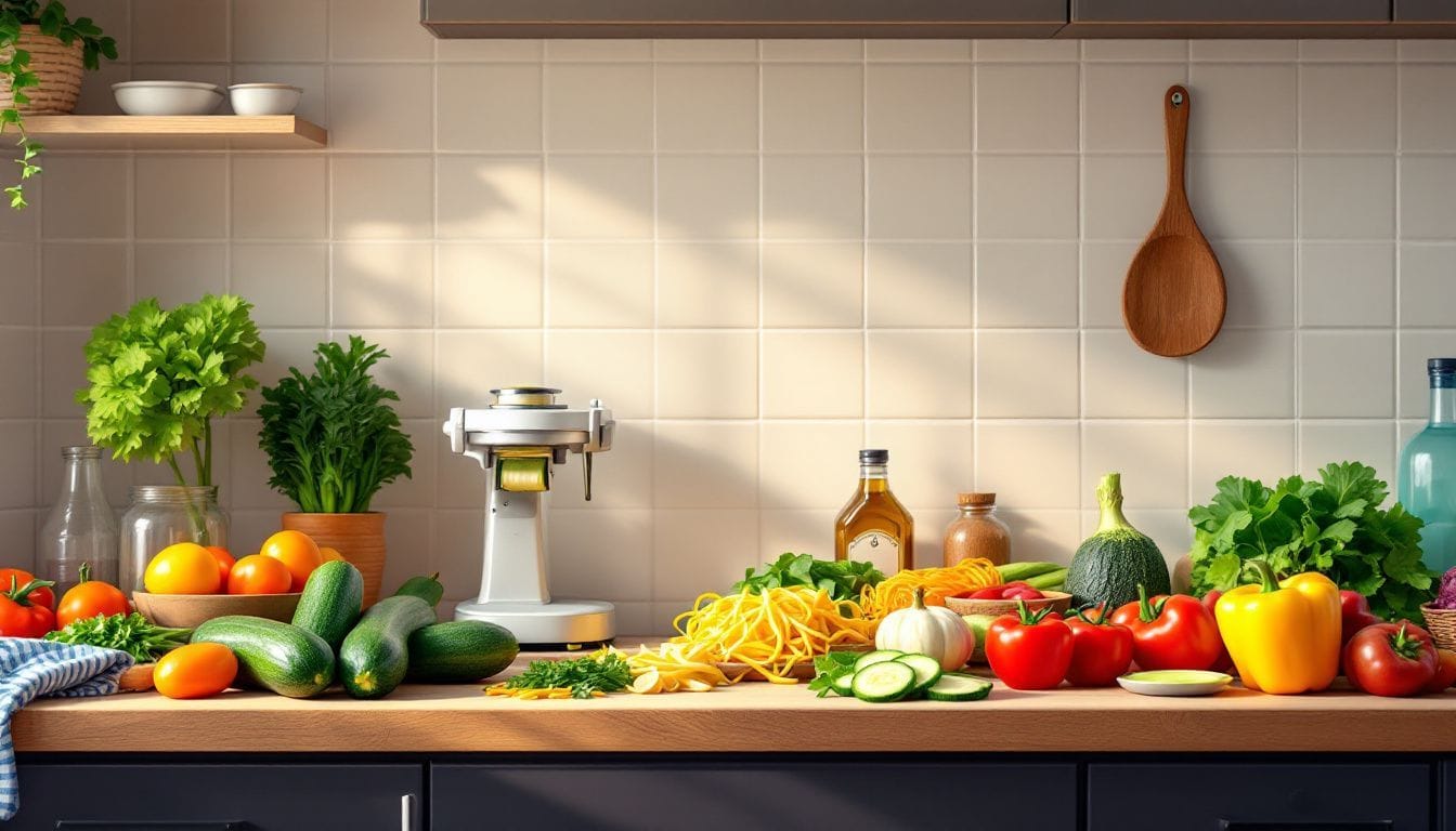 Een assortiment van verse ingrediënten en een spiralizer op een keukenblad.