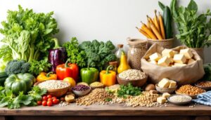 Een verscheidenheid aan eiwitrijke veganistische ingrediënten op een houten tafel.