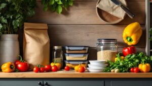 Een keukenblad met verse groenten, quinoa en kruiden.