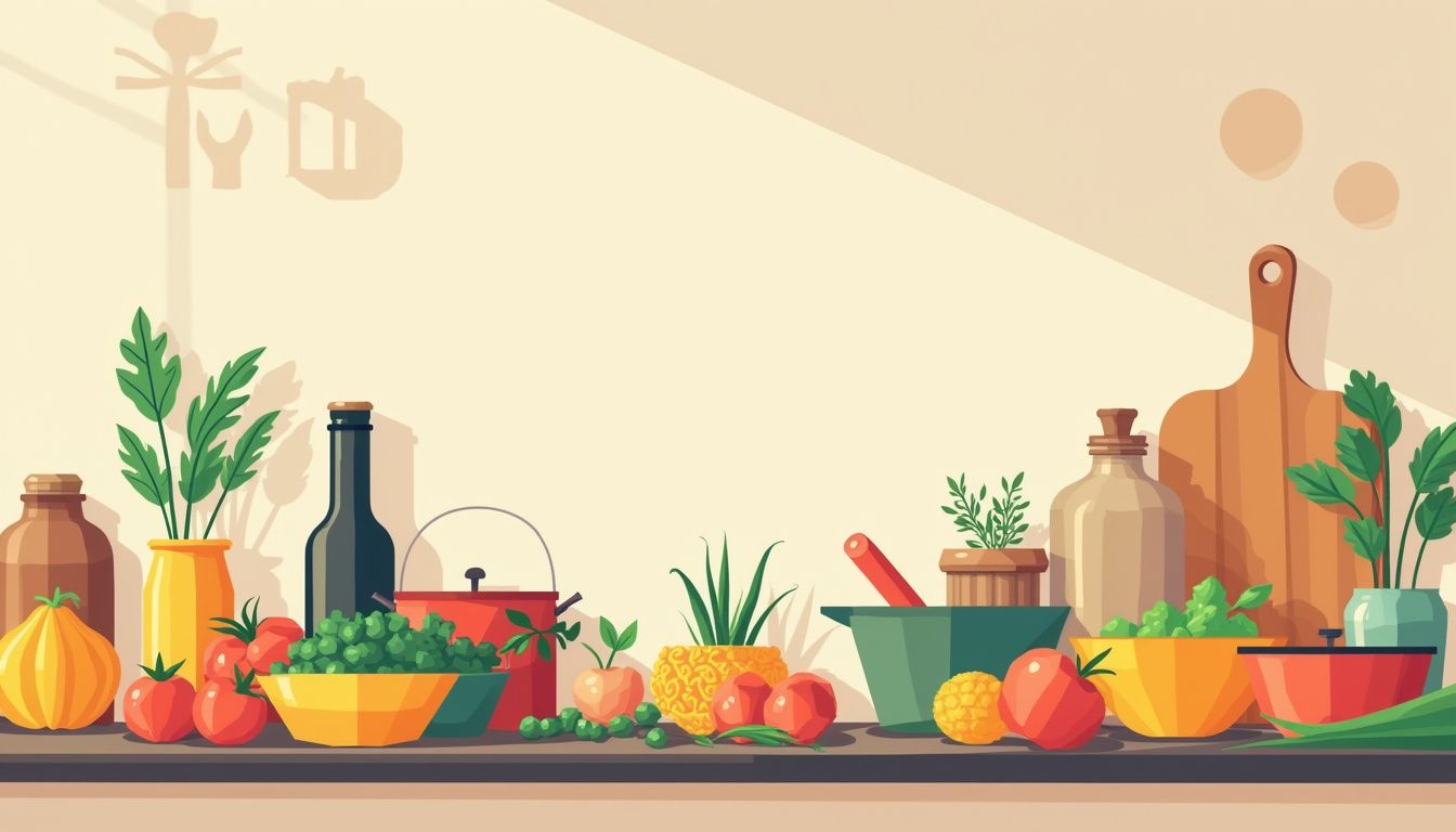 Flat design van een drukke keuken met kleurrijke ingrediënten en containers.