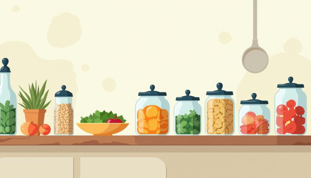 Minimalistische keuken met kleurrijke ingrediënten in glascontainers en potten.