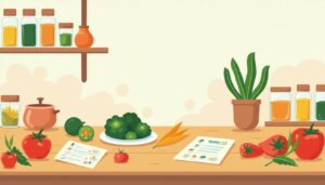 Minimalistische keukenscène met kleurrijke groenten en georganiseerde kruidenpotten.