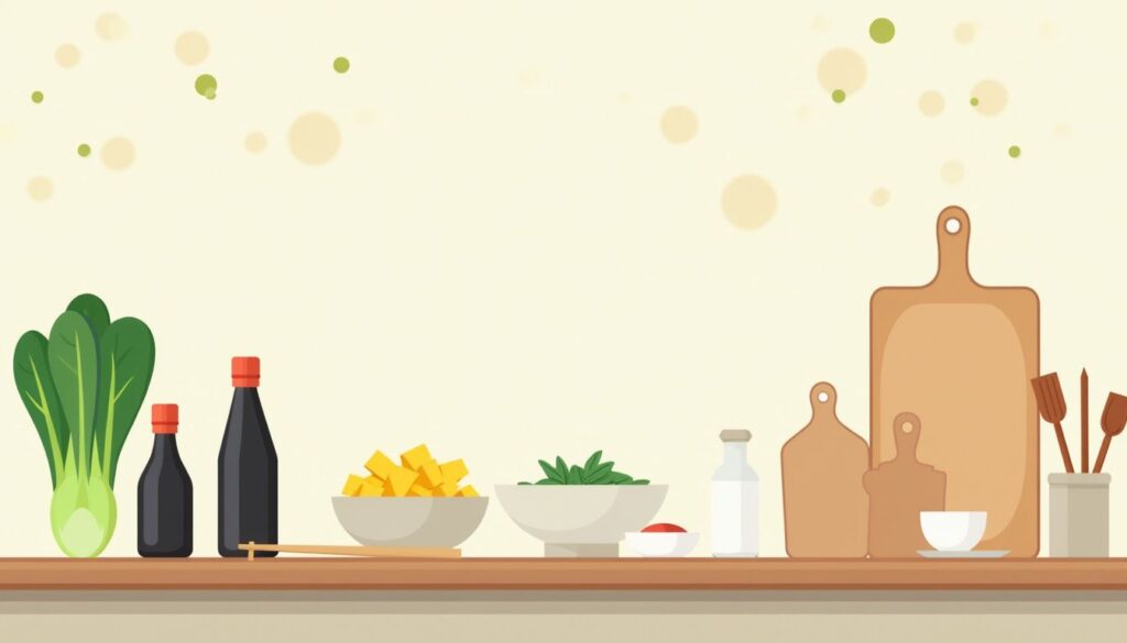 Minimalistische keuken met Aziatische kookingrediënten en strakke vormen.