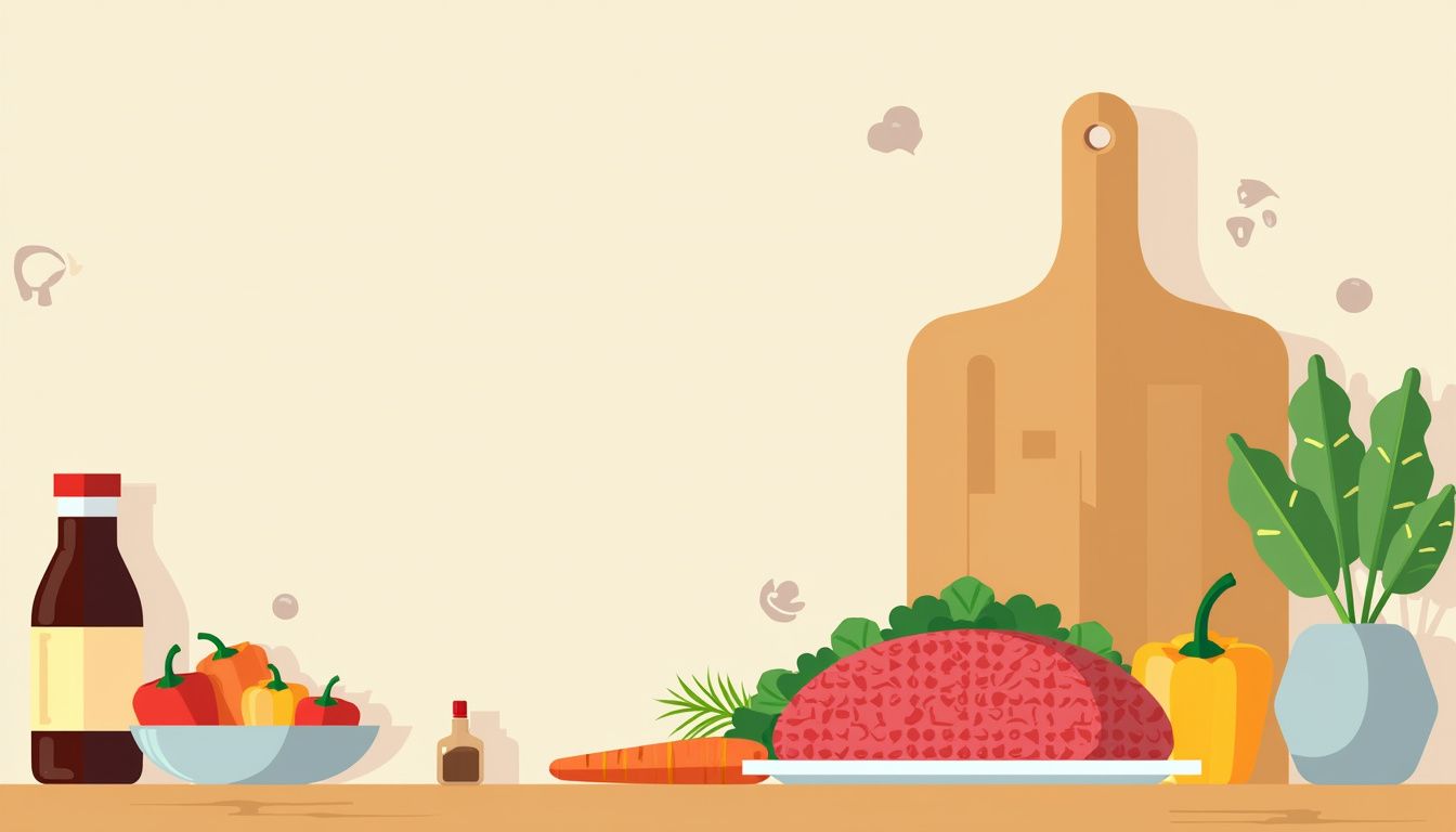 Minimalistische keukentafel met kleurrijke groenten en teriyakisaus.