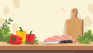 Een minimalistische illustratie van een rustieke keuken met ingrediënten.