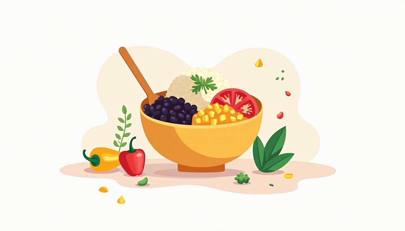 Minimalistische vectorillustratie van een kleurrijke burrito bowl met ingrediënten.