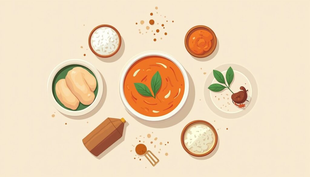 Minimalistische keukenillustratie van ingrediënten voor butter chicken maaltijd.