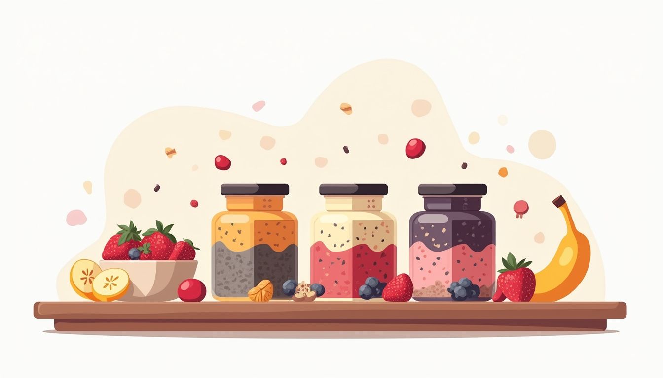 Vektorillustratie van chia pudding in kleurrijke glazen op een tafel.