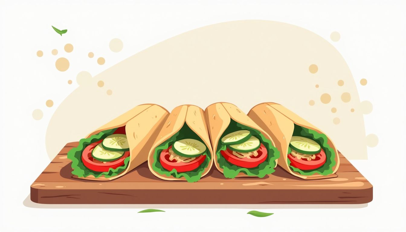 Illustratie van verschillende kleurrijke kipwraps op een houten snijplank.