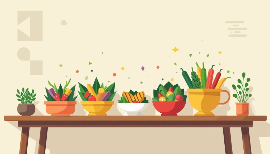 Minimalistische illustratie van een houten tafel met kleurrijke, ecologische maaltijden.