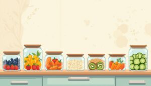 Moderne keuken met kleurrijke glazen containers vol fruit en groenten.