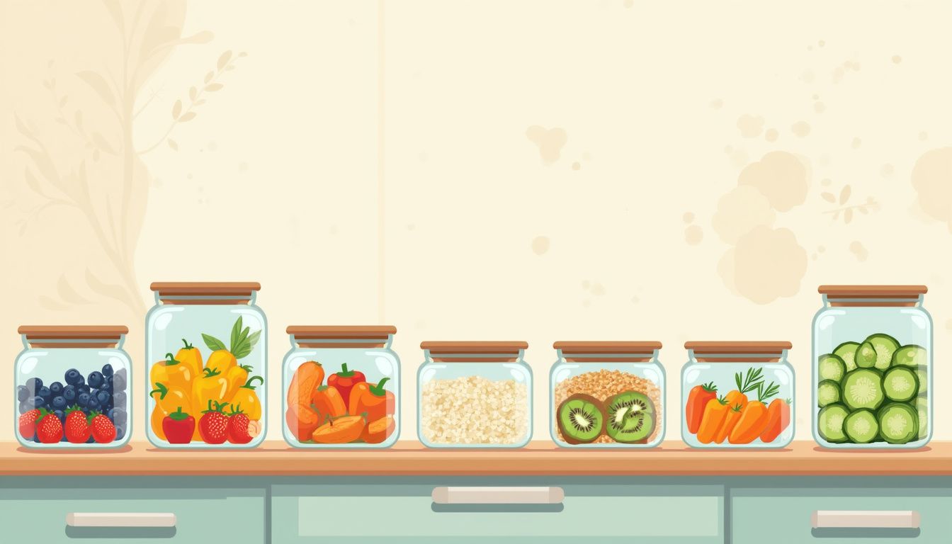 Moderne keuken met kleurrijke glazen containers vol fruit en groenten.