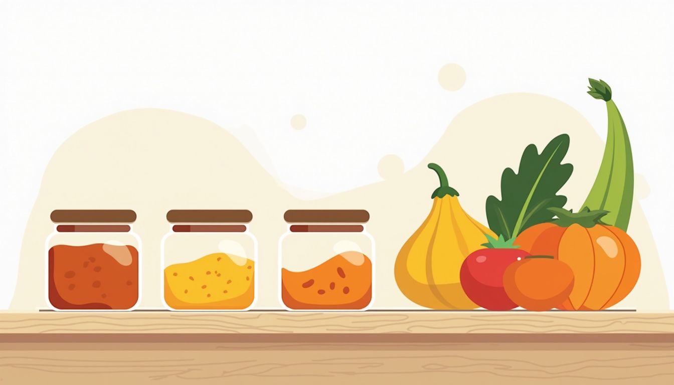 Minimalistische vectorillustratie van een rustieke keuken met specerijen en groenten.