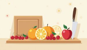 Minimalistische vectorillustratie van fruit op een houten aanrecht.