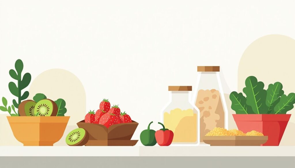 Minimalistische keuken met kleurrijke fruit- en groentencollectie op aanrecht.