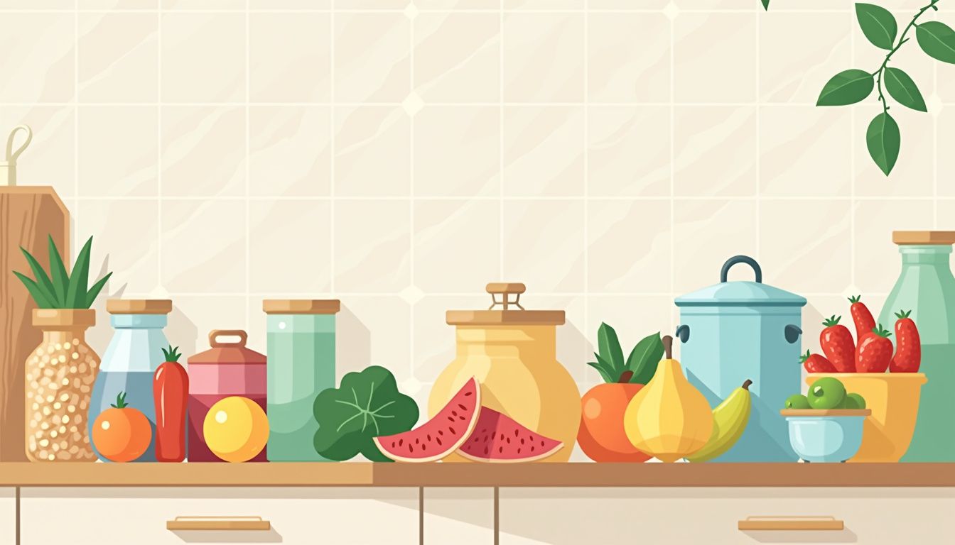 Moderne minimalistische keuken met kleurrijke, georganiseerde voedselcontainers.