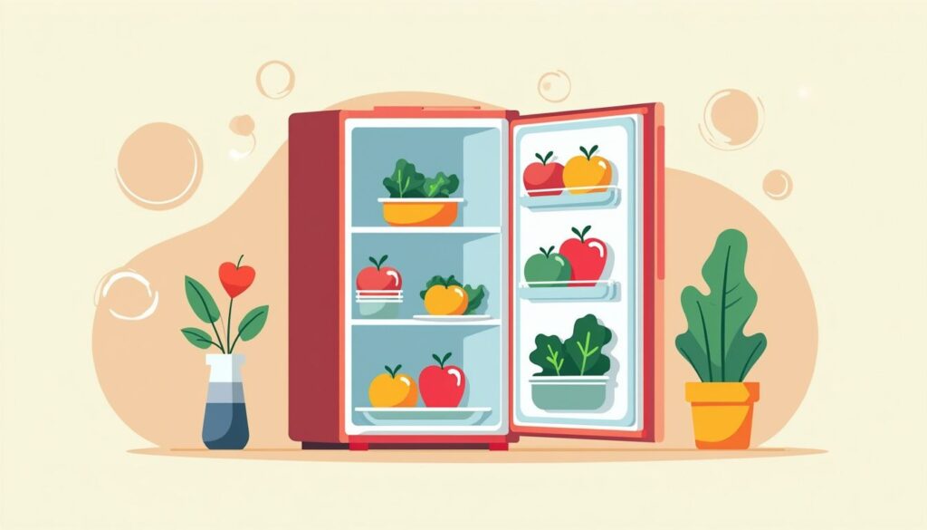 Minimalistische illustratie van een georganiseerde koelkast met gezonde maaltijden.