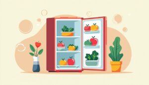 Minimalistische illustratie van een georganiseerde koelkast met gezonde maaltijden.