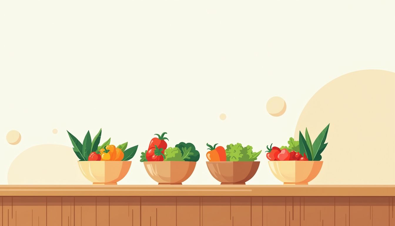 Minimalistische vectorillustratie van kleurrijke maaltijdprep-lunchkommen met groenten.