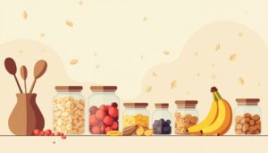 Minimalistische keuken met kleurrijke jars en containers op een aanrecht.