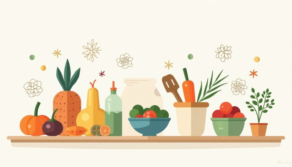 Minimalistische keukenillustratie met geometrische containers en kleurrijke ingrediënten.