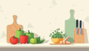 Minimalistische keuken met verse ingrediënten en keukengerei in plat ontwerp.