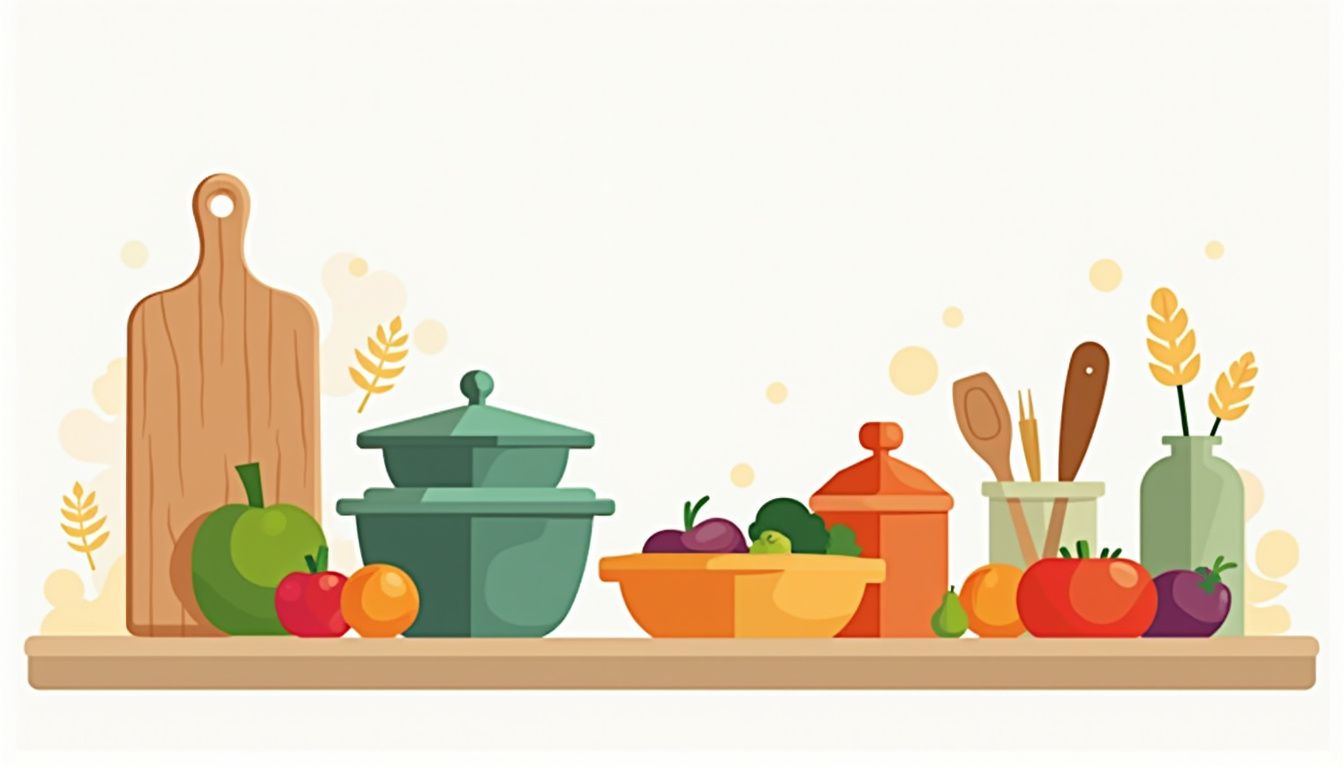 Minimalistische, kleurrijke keuken met maaltijdcontainers en verse groenten.