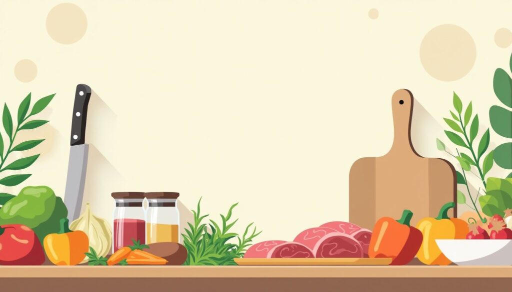 Rustieke keukenillustratie met verse ingrediënten op een pastelachtergrond.