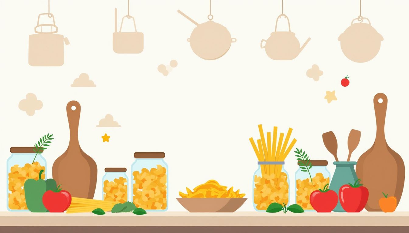 Rustieke keuken met kleurrijke potjes, groenten en houten keukengerei.