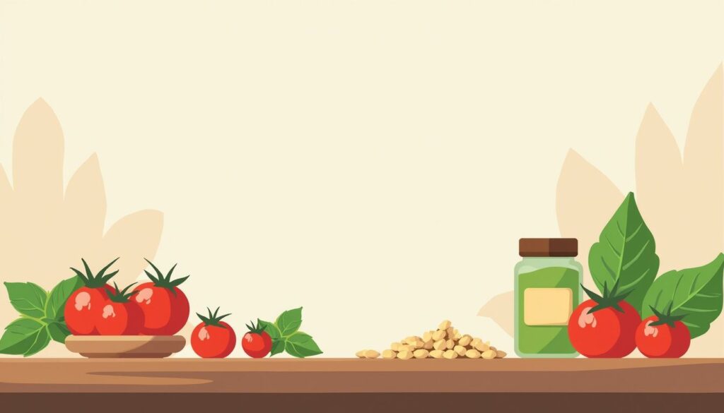 Minimalistische vectorillustratie van een houten keukenblad met ingrediënten.