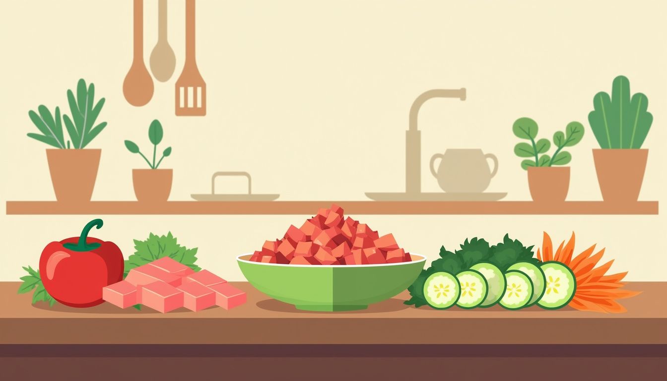 Vectorillustratie van verse poke bowl ingrediënten op een houten aanrecht.