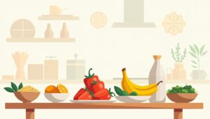 Minimalistische vectorillustratie van een keuken tafel met kleurrijk voedsel.