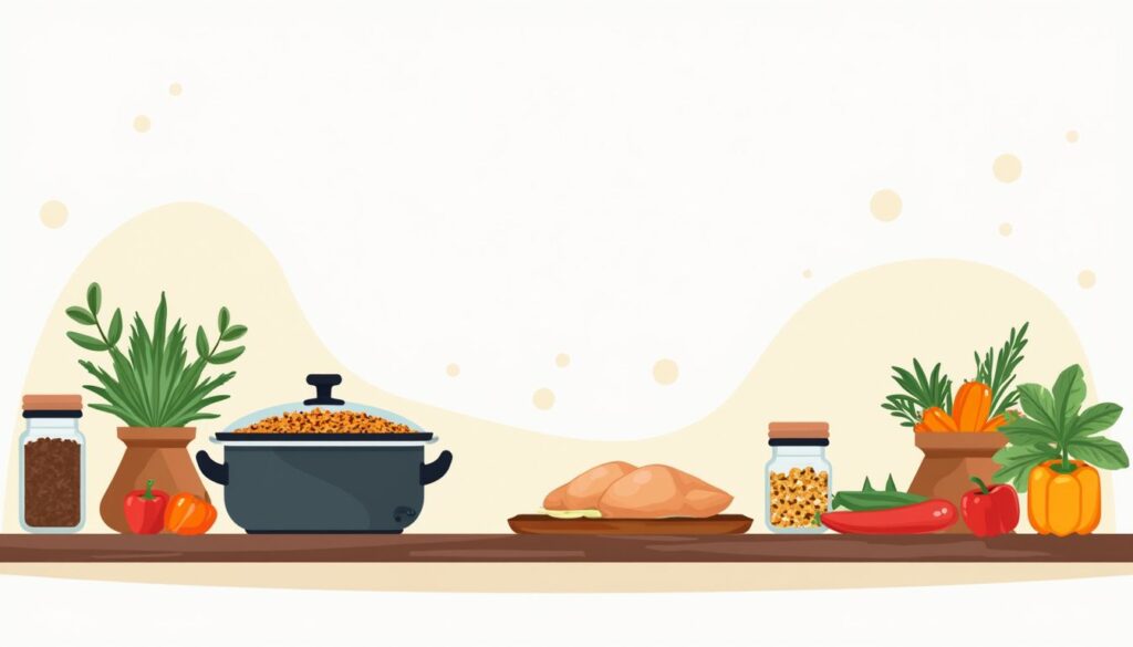 Minimalistische vectorillustratie van een rustieke keuken met verse ingrediënten.