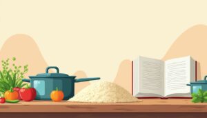 Minimalistische vectorillustratie van een keuken met risotto-ingrediënten.